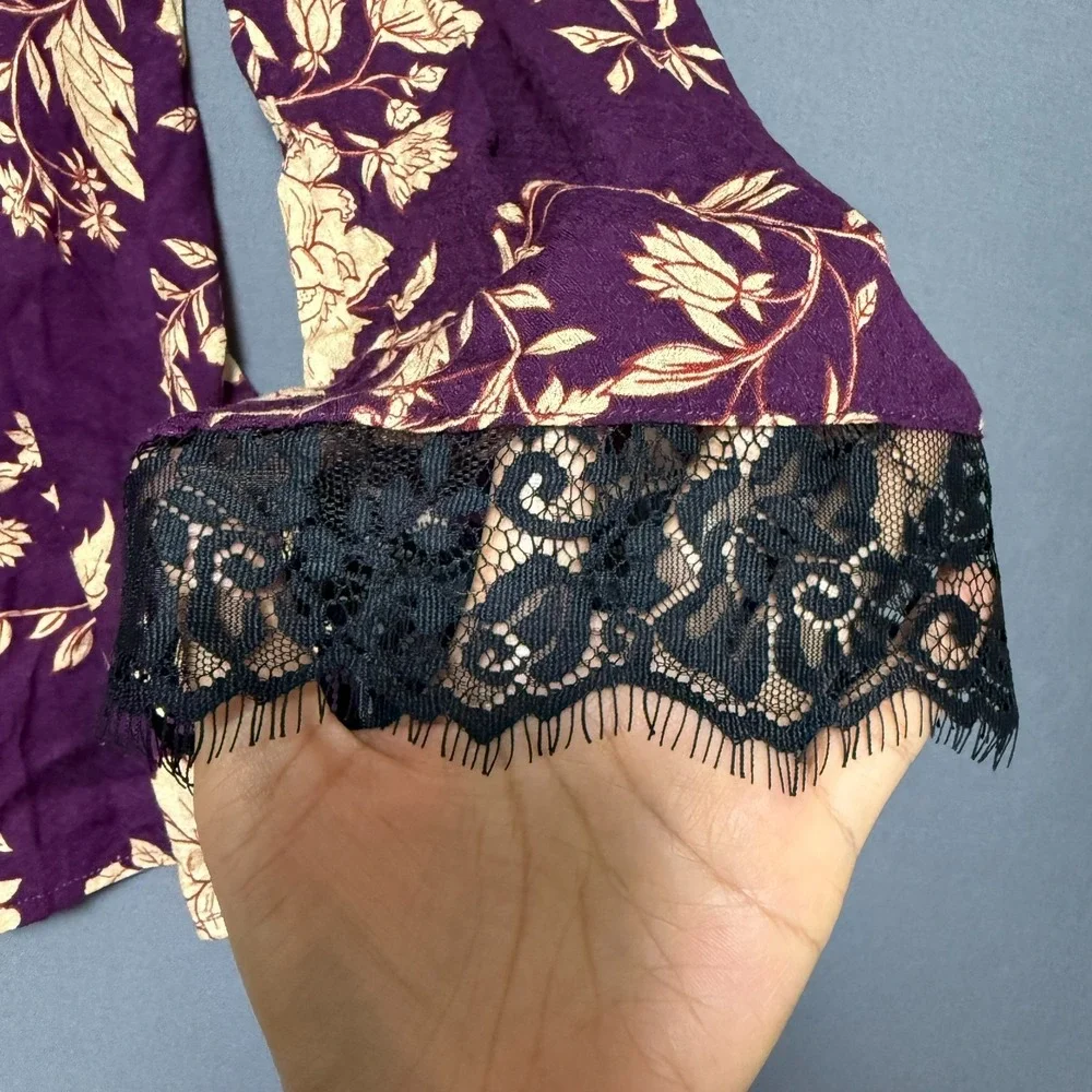 Free People Odette Floral Lace Tunic Top Medium Espresso Purple Boho Bell Sleeve